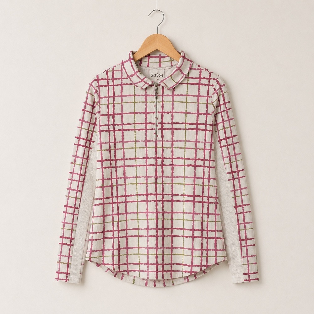 San Soleil Womens S Pink Green Plaid UPF 50 SolStyle Quarter Zip Golf Top Mesh